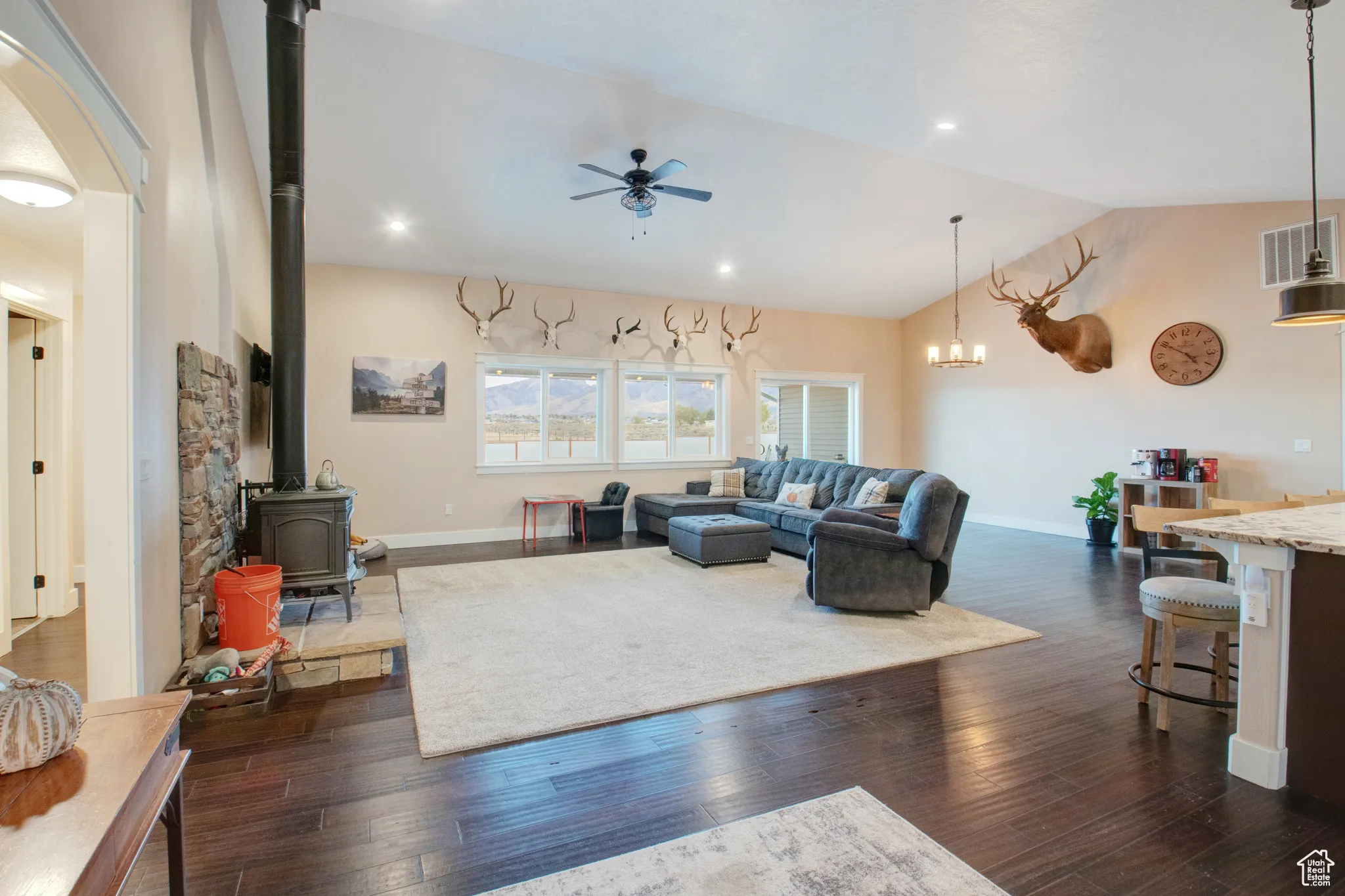 Living room featuring lofted ceiling, dark wood-type flooring, ceiling fan, and a wood stove