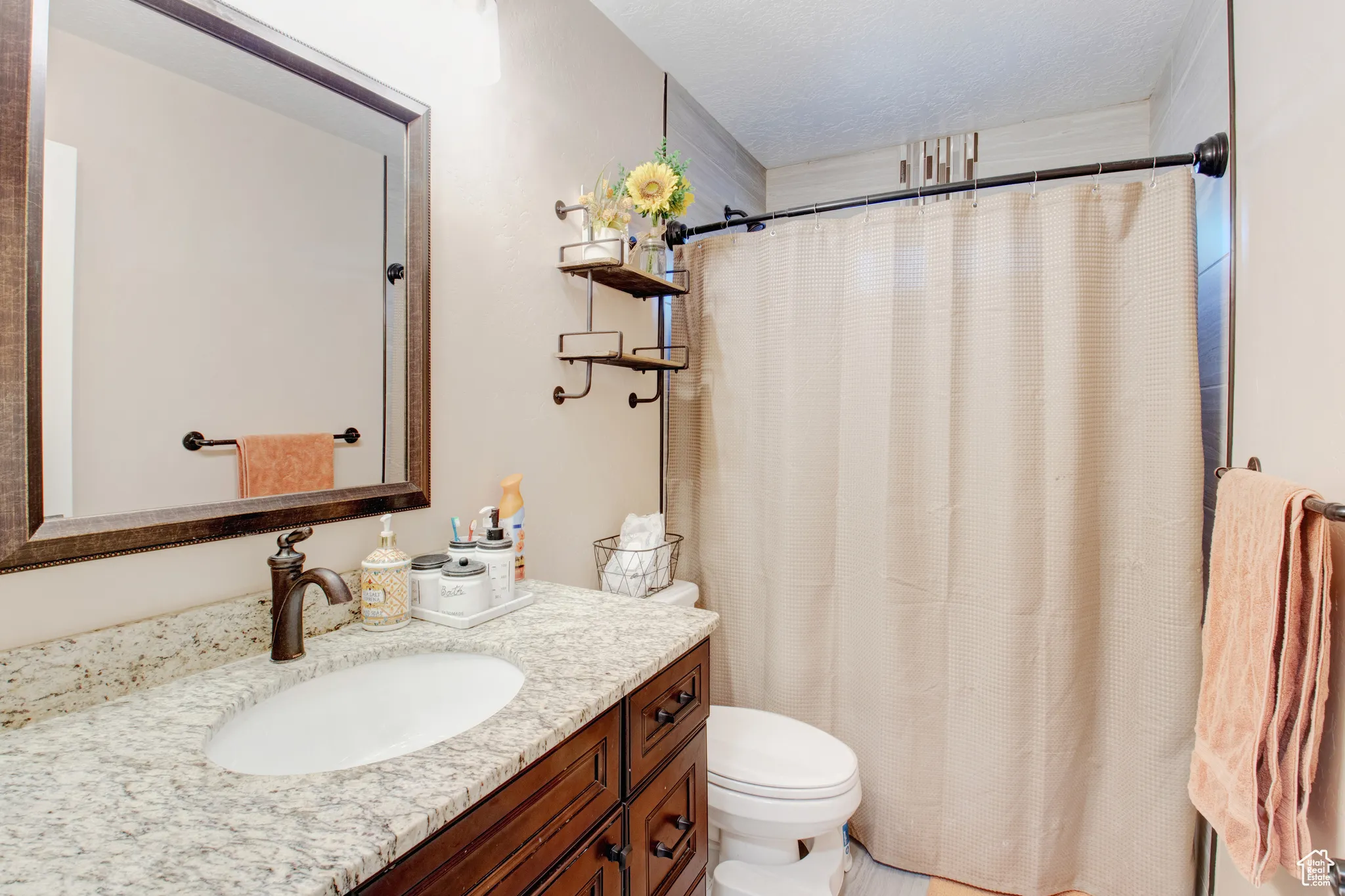 Bathroom featuring vanity, a textured ceiling, and toilet