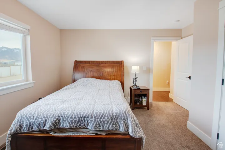 Bedroom with light carpet