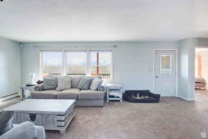 Living room with baseboard heating and light carpet