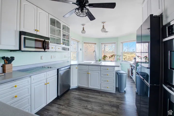 Kitchen featuring sink, white cabinets, kitchen peninsula, stainless steel appliances, and dark wood-type flooring