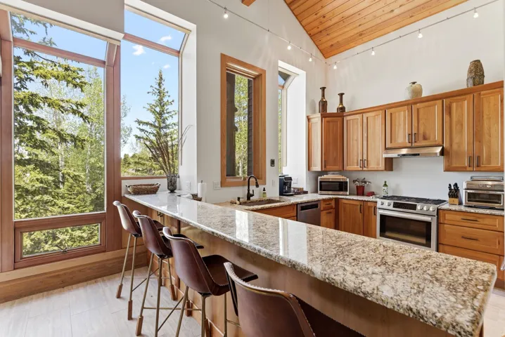 Vaulted wood-paneled ceiling kitchen featuring extensive window walls, light-toned wood cabinetry, stainless steel appliances, and a granite-topped island with seating