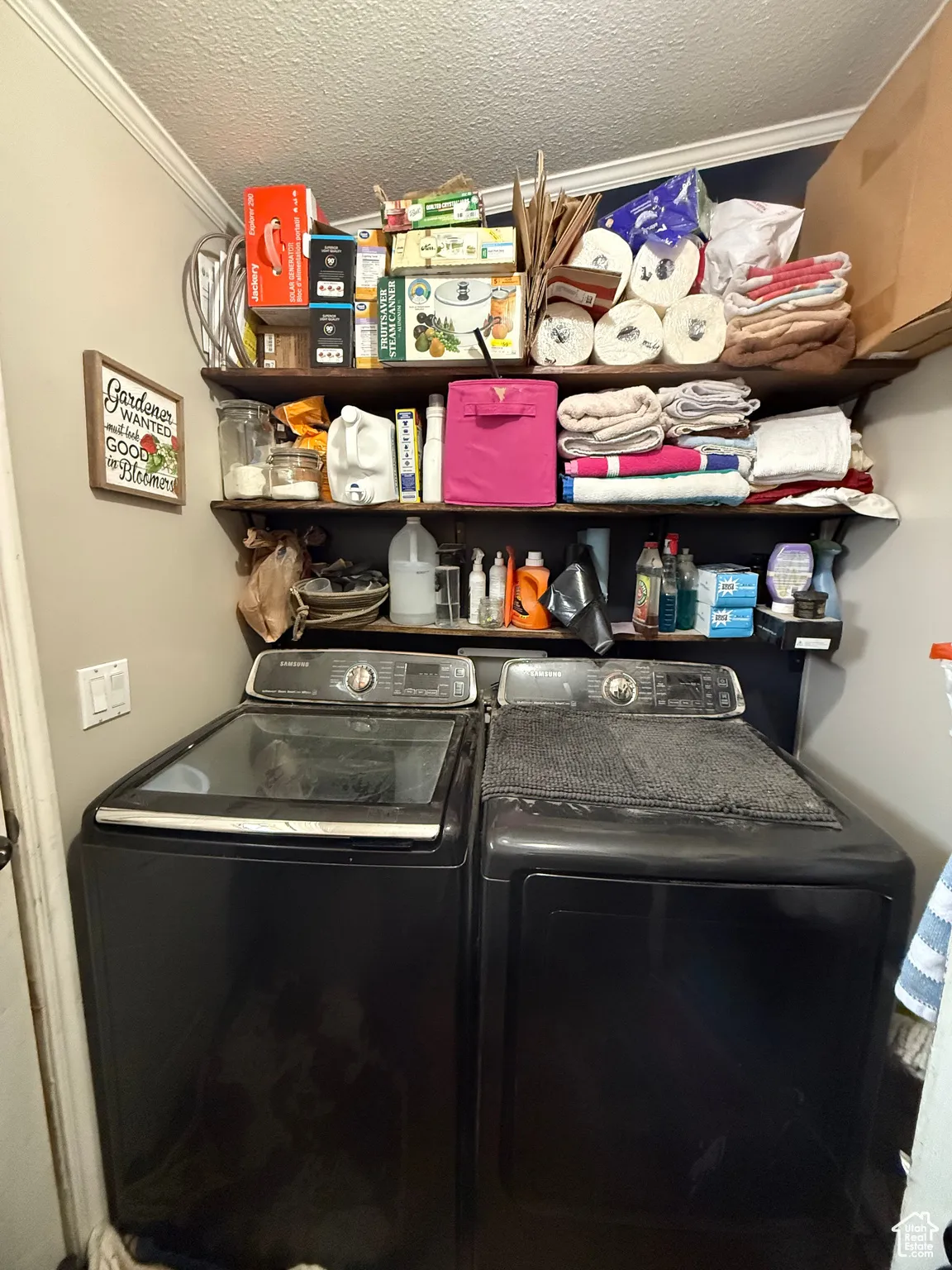 Laundry area featuring crown molding, washer and clothes dryer, and a textured ceiling