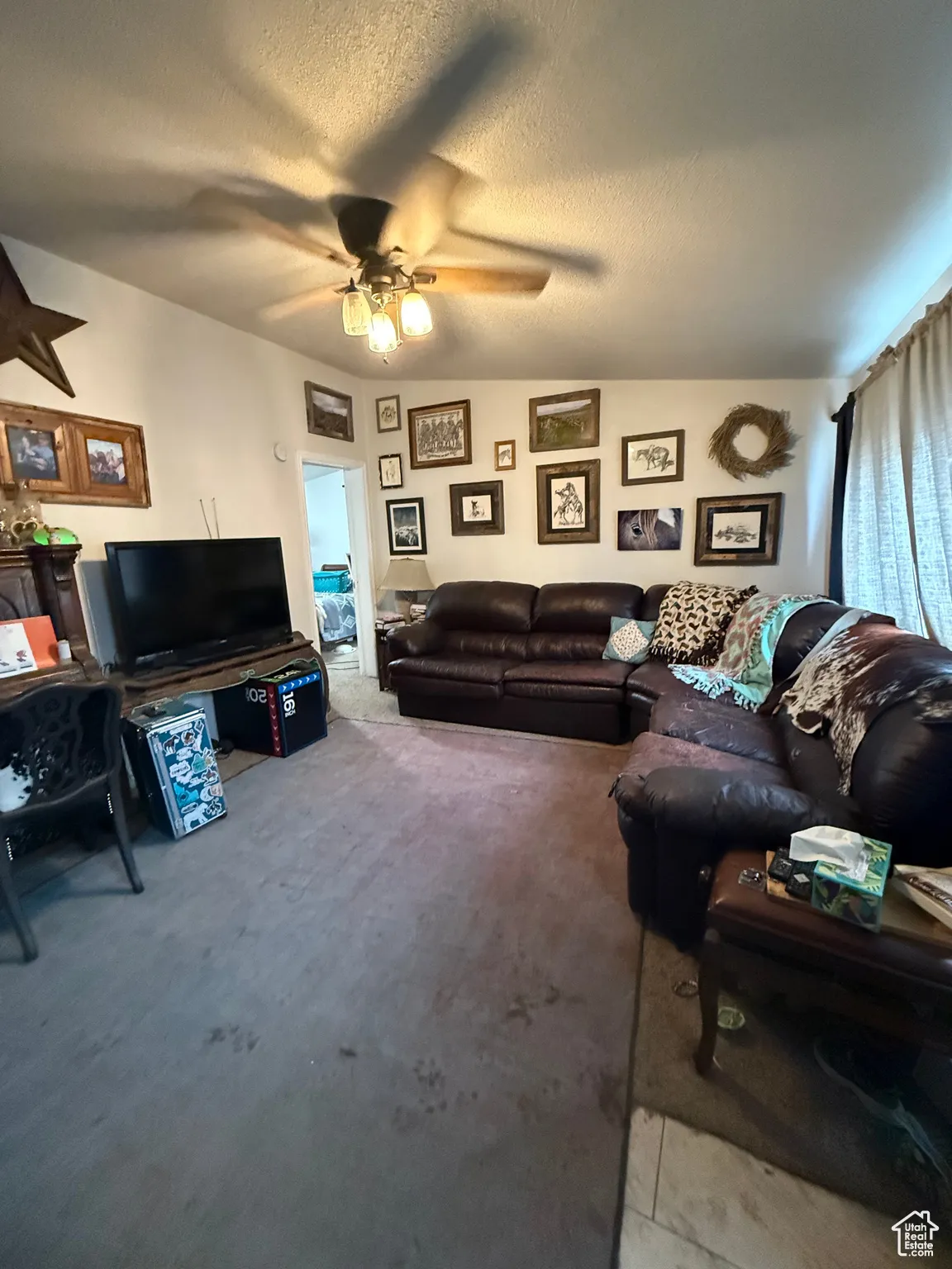 Living room featuring ceiling fan, carpet flooring, and a textured ceiling