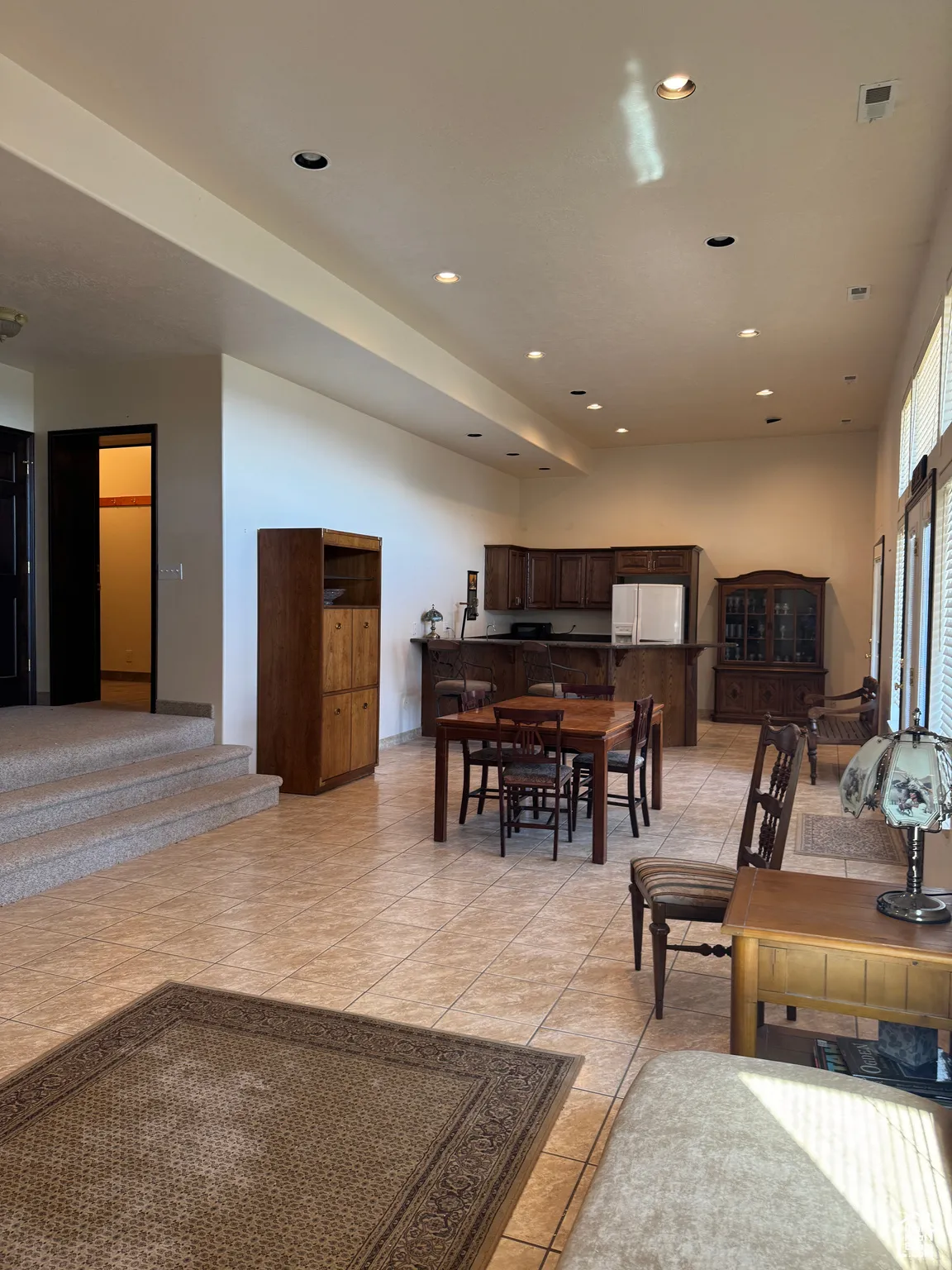 Vaulted ceilings in the walkout basement bar area.  This is just 20 steps from the ski trail.