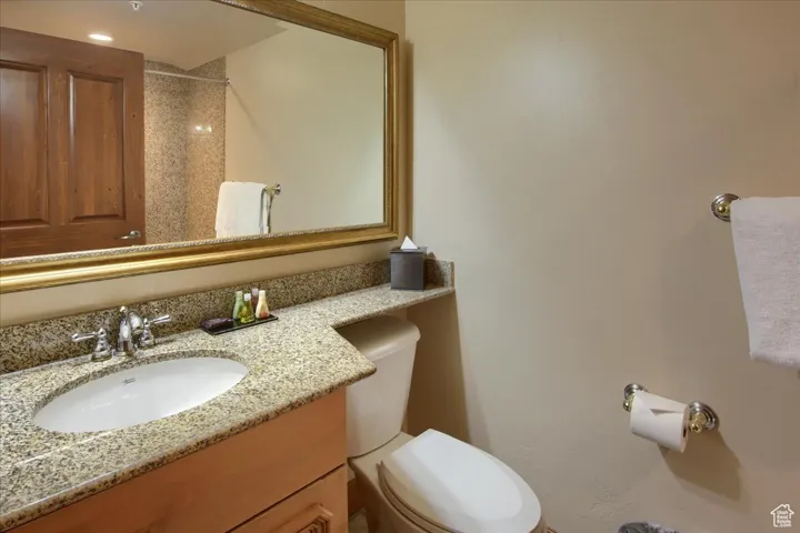 Bathroom featuring vanity, a shower, and toilet