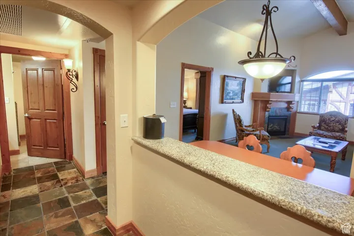 Interior space with beam ceiling