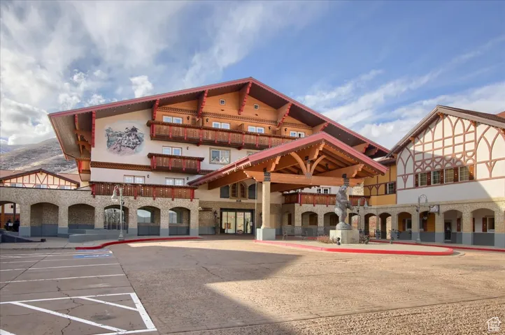 View of building exterior featuring a mountain view