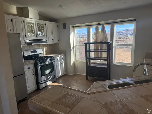 Kitchen with white cabinetry, sink, stainless steel appliances, a mountain view, and a textured ceiling