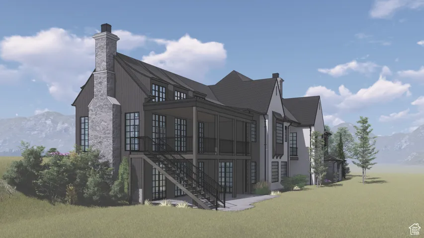 Exterior space featuring a mountain view and a front yard