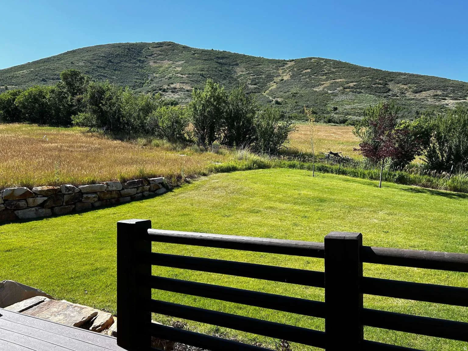 Expansive green lawn with mountain backdrop