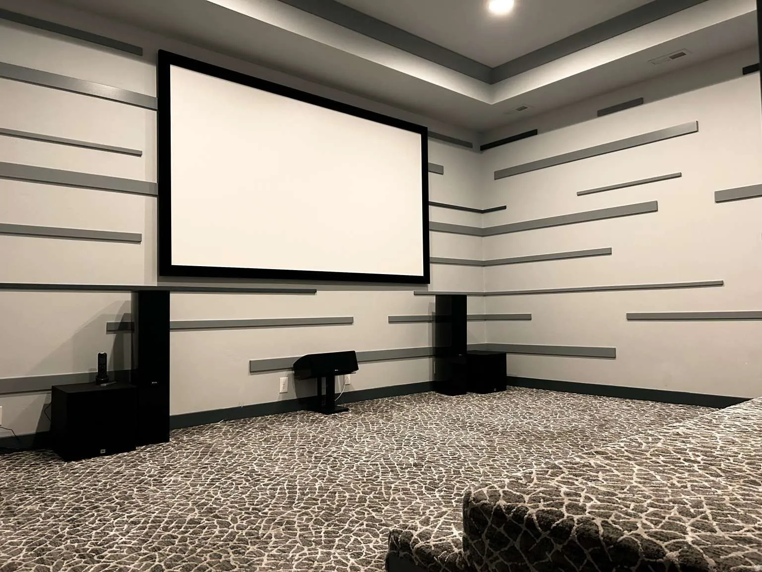 Dedicated media room featuring a large projection screen, textured wall paneling, recessed lighting, and patterned carpet flooring