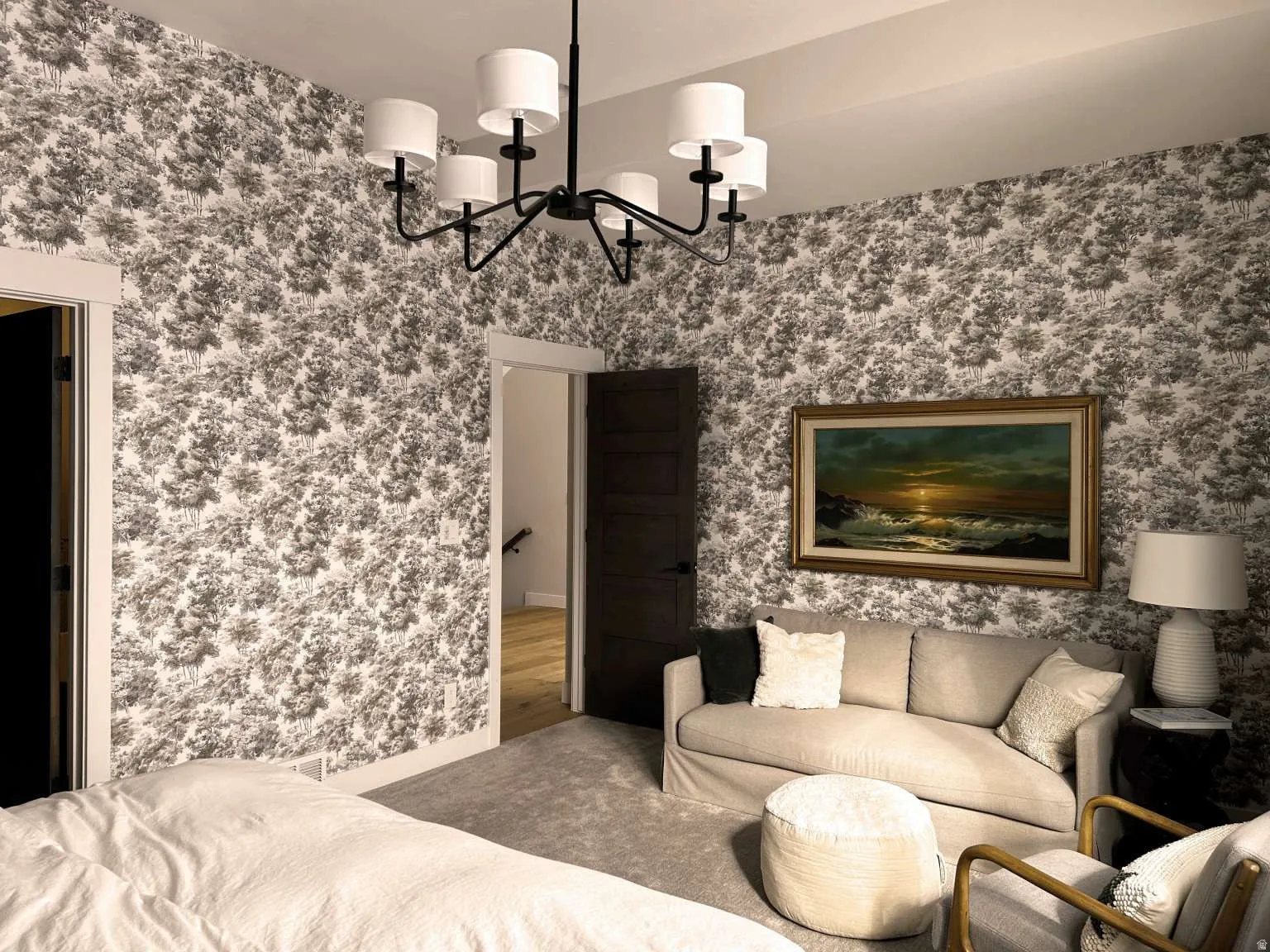 Room featuring patterned wallpaper, a black chandelier with white fabric shades, and light gray wall-to-wall carpeting