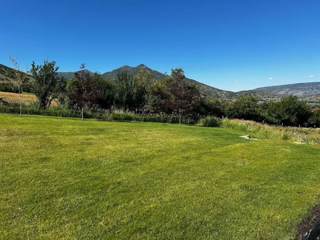 Expansive green lawn with mountain backdrop
