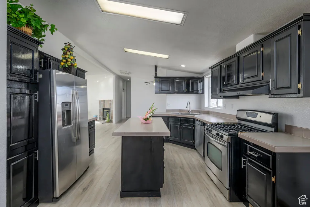Kitchen featuring stainless steel appliances, dark cabinetry, a kitchen island, and vaulted ceiling