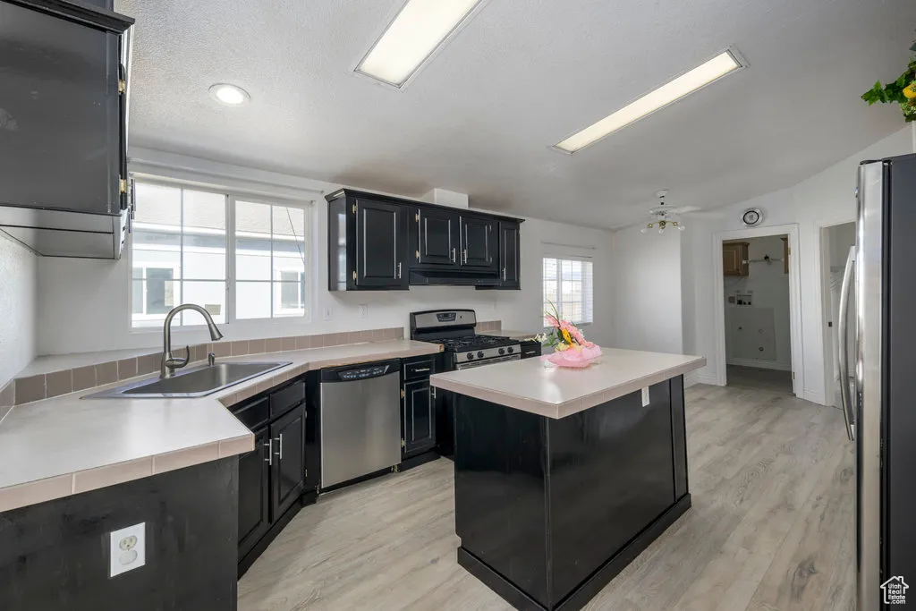 Kitchen with dark cabinetry, appliances with stainless steel finishes, light countertops, and a sink