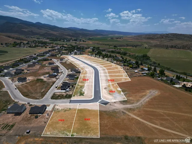Aerial view of sparsely populated area featuring property boundaries highlighted and a mountain backdrop