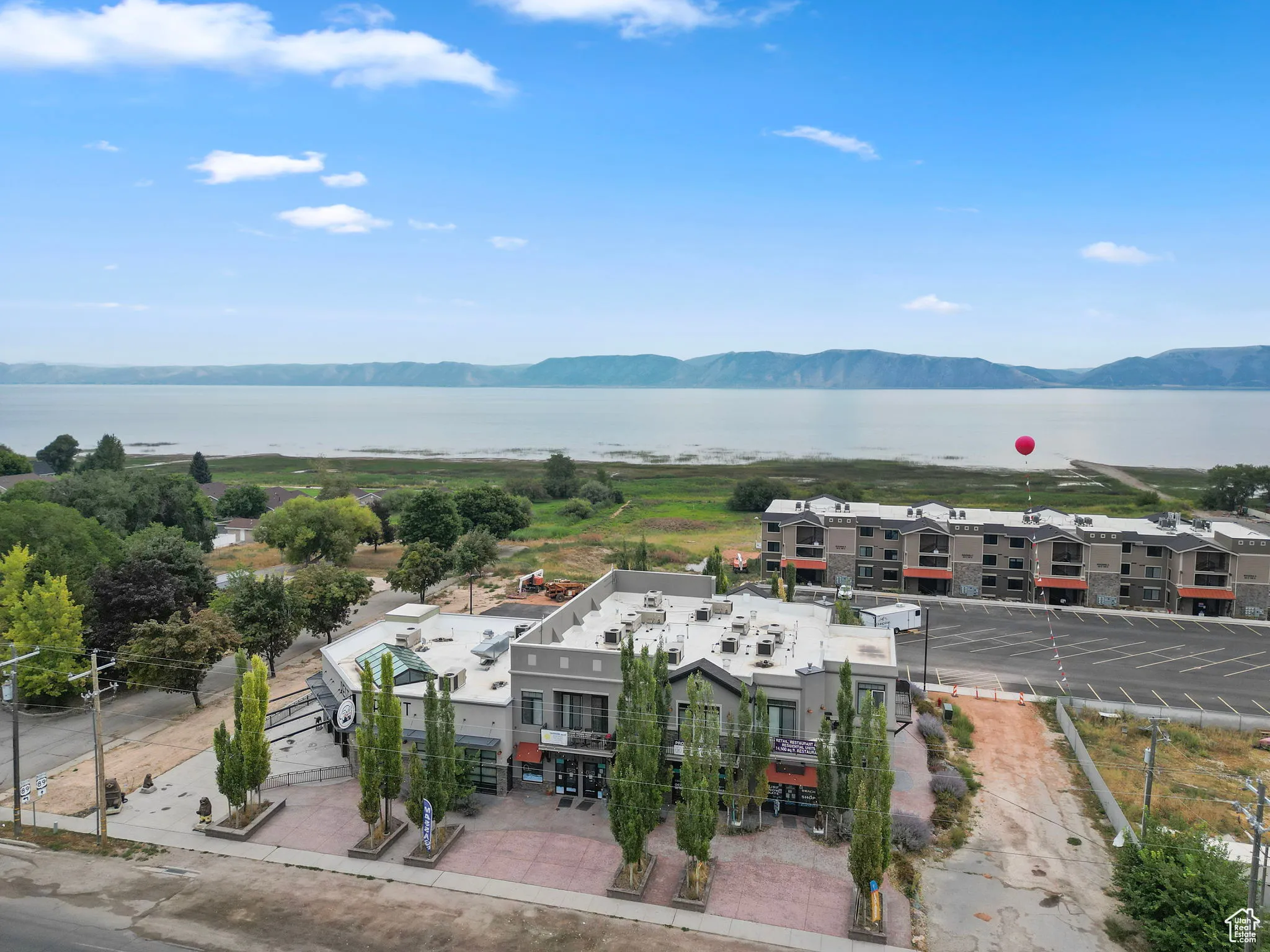 Aerial view of a water and mountain view