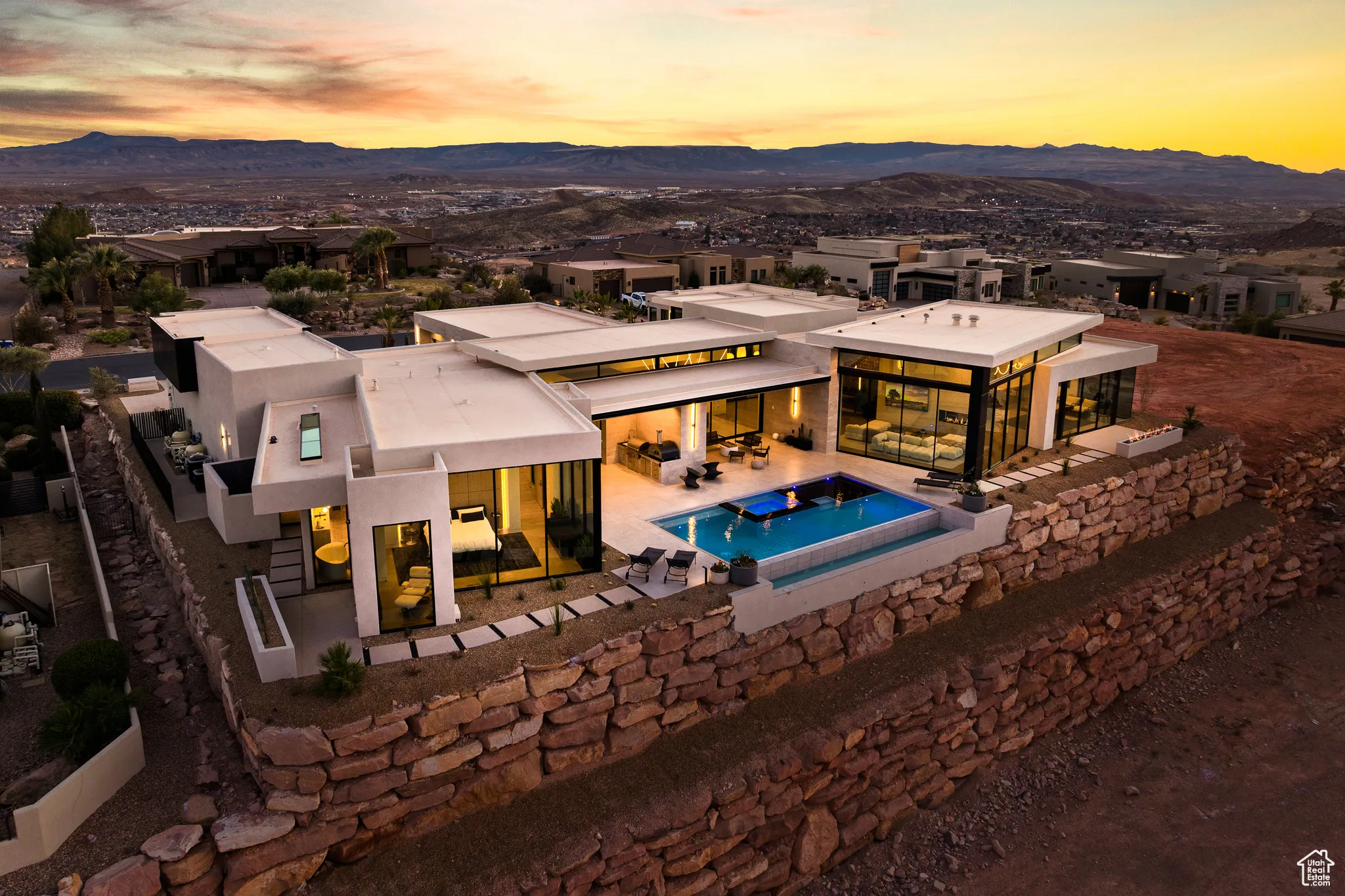 Exterior space featuring a patio, a mountain view, and an outdoor pool