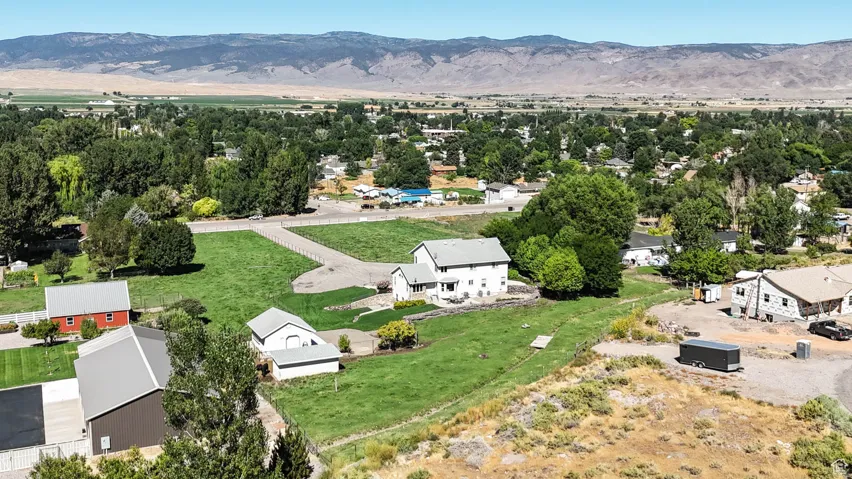 Aerial perspective of suburban area featuring mountains
