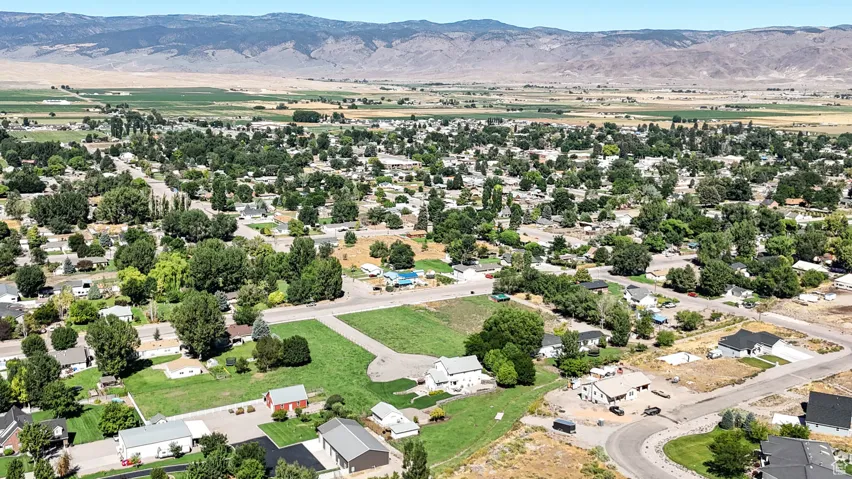Aerial perspective of suburban area featuring a mountainous background