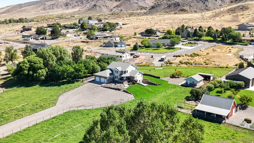 Aerial view of residential area with mountains