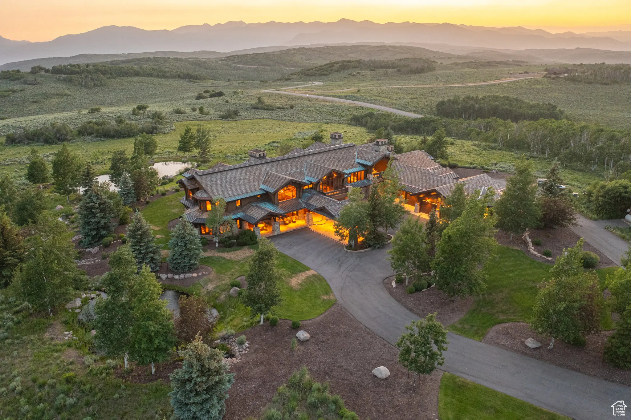 Aerial view at dusk of a mountain view