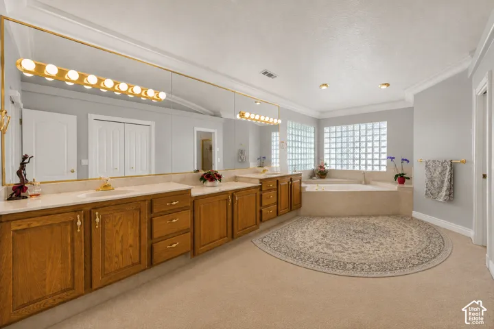 Spacious bathroom featuring an oversized vanity with dual sinks, warm wood-finish cabinetry, and a large soaking tub