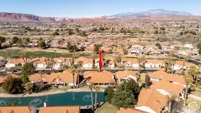 Aerial view with a residential view and a water and mountain view