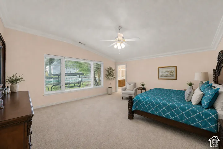 Spacious carpeted room featuring vaulted ceilings, crown molding, a ceiling fan, and large windows with blinds