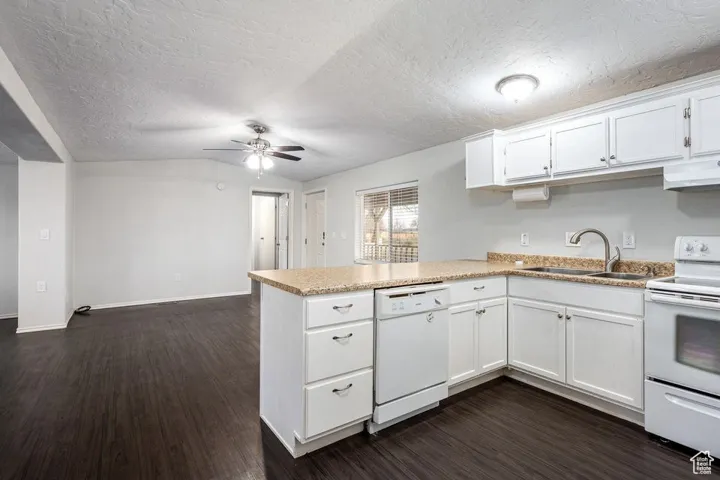 Kitchen with under cabinet range hood, a peninsula, white appliances, a sink, and dark wood finished floors