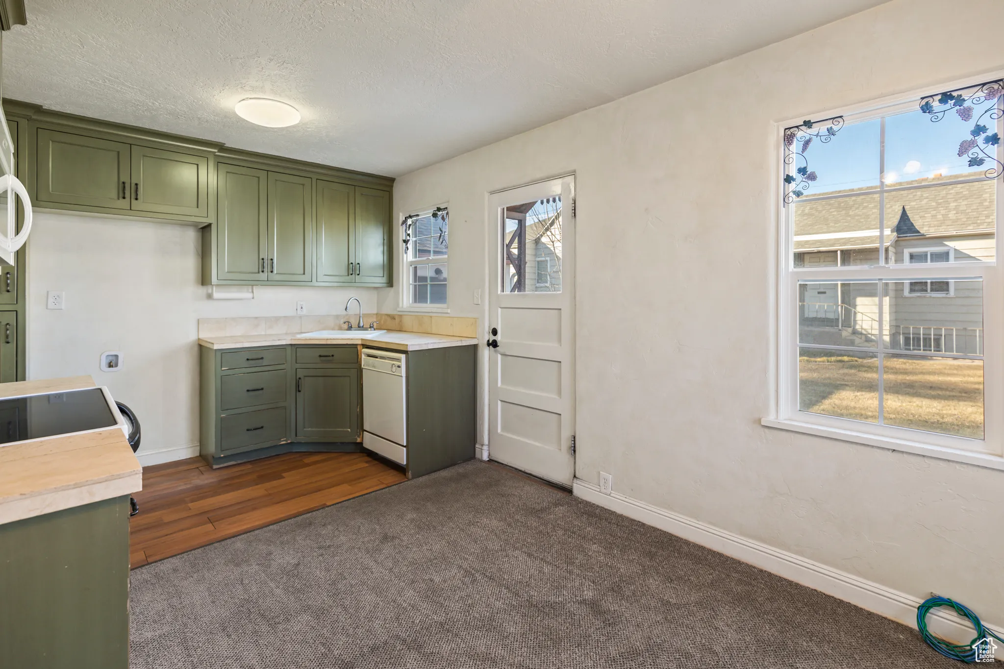 Kitchen featuring dishwasher, light countertops, plenty of natural light, and green cabinetry