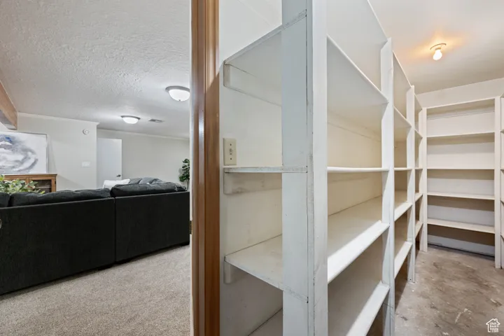 View of firs storage area in basement