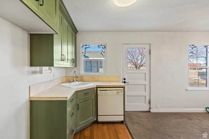 Kitchen with green cabinets, a healthy amount of sunlight, white dishwasher, and a sink