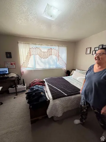 Bedroom featuring multiple windows, carpet, and a textured ceiling