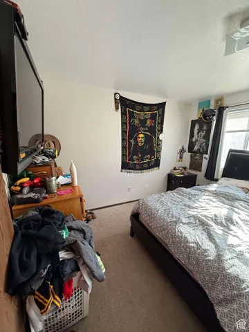 Carpeted bedroom featuring a textured ceiling