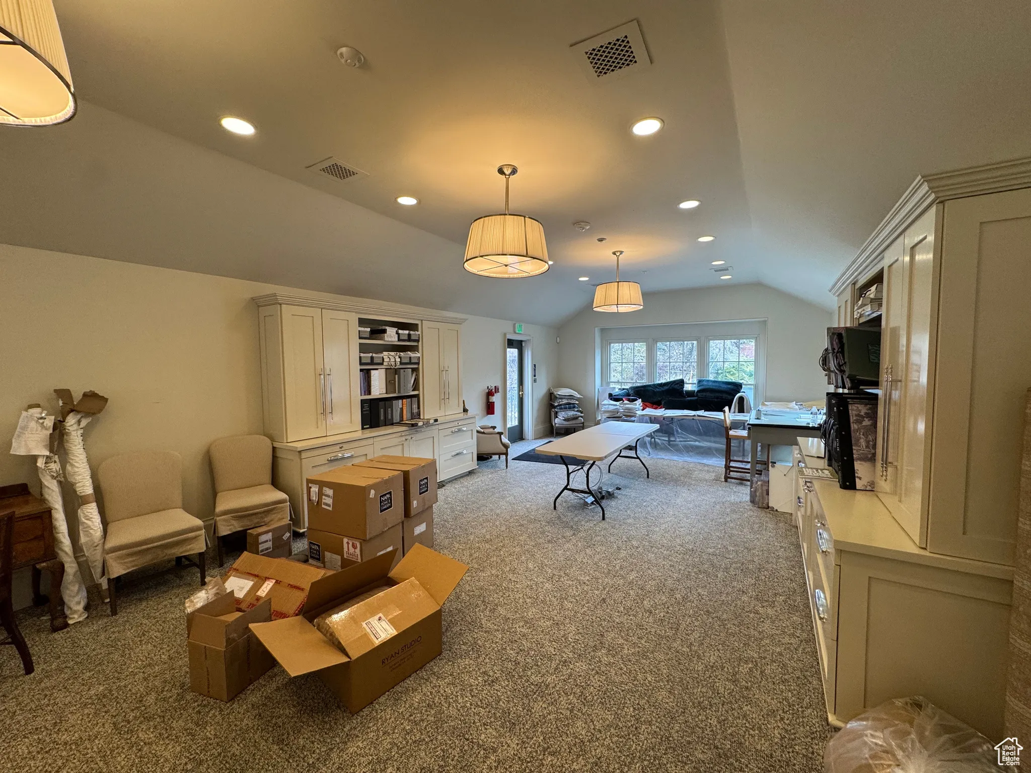 Game room featuring vaulted ceiling, recessed lighting, visible vents, and carpet floors