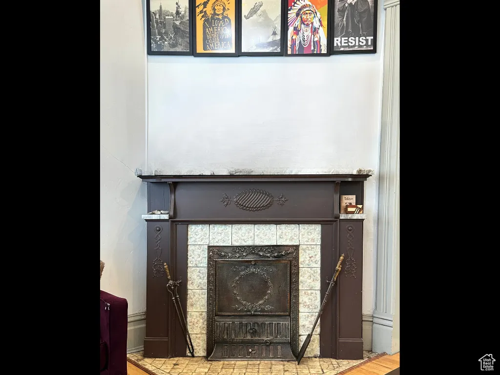 Details with a tile fireplace