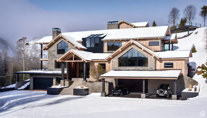 View of front of home featuring stone siding and a chimney