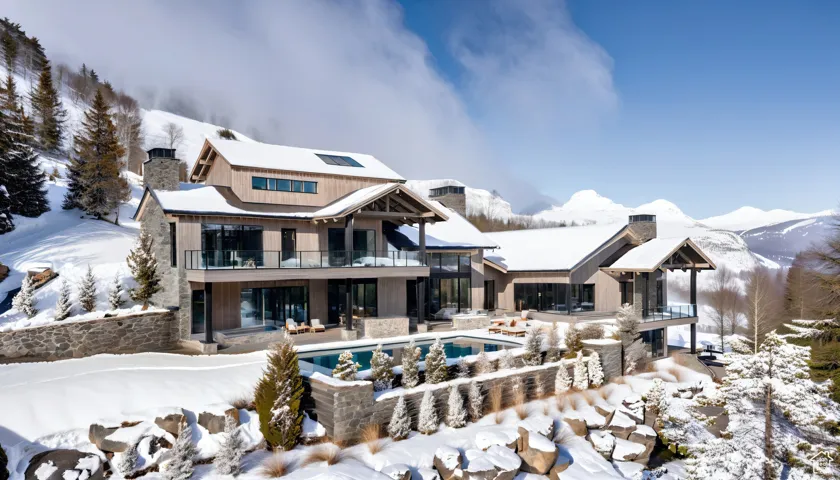 Snow covered back of property with an outdoor pool, a patio, a balcony, and a chimney