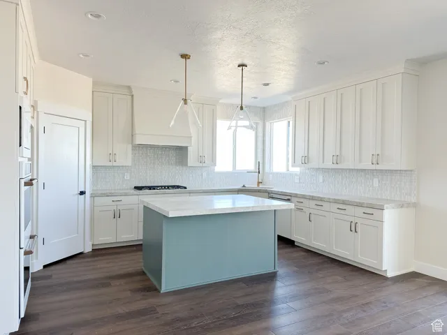 Kitchen featuring custom range hood, dark wood-style flooring, a sink, and white cabinetry