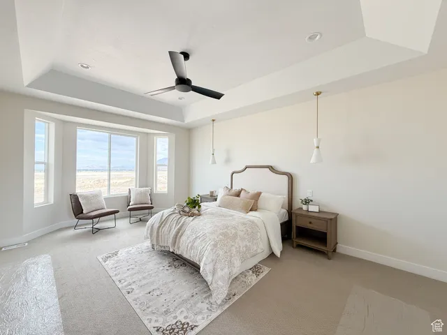 Bedroom featuring a tray ceiling, carpet flooring, and ceiling fan