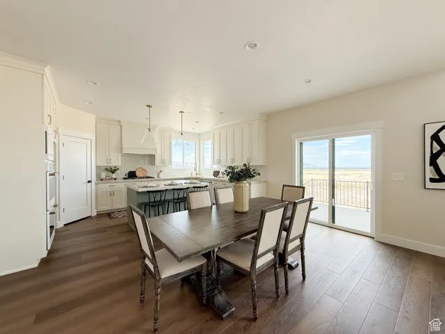 Dining space with dark wood-type flooring and recessed lighting