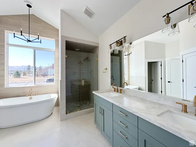 Full bathroom with visible vents, lofted ceiling, a sink, and a stall shower
