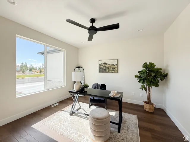 Home office with dark wood-style flooring, recessed lighting, and ceiling fan