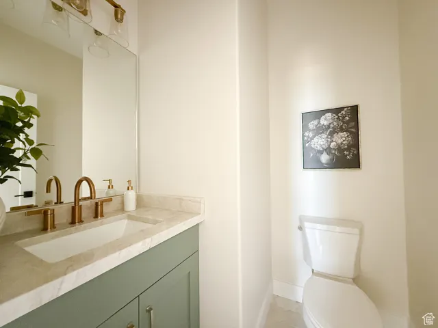 Half bath featuring vanity and toilet