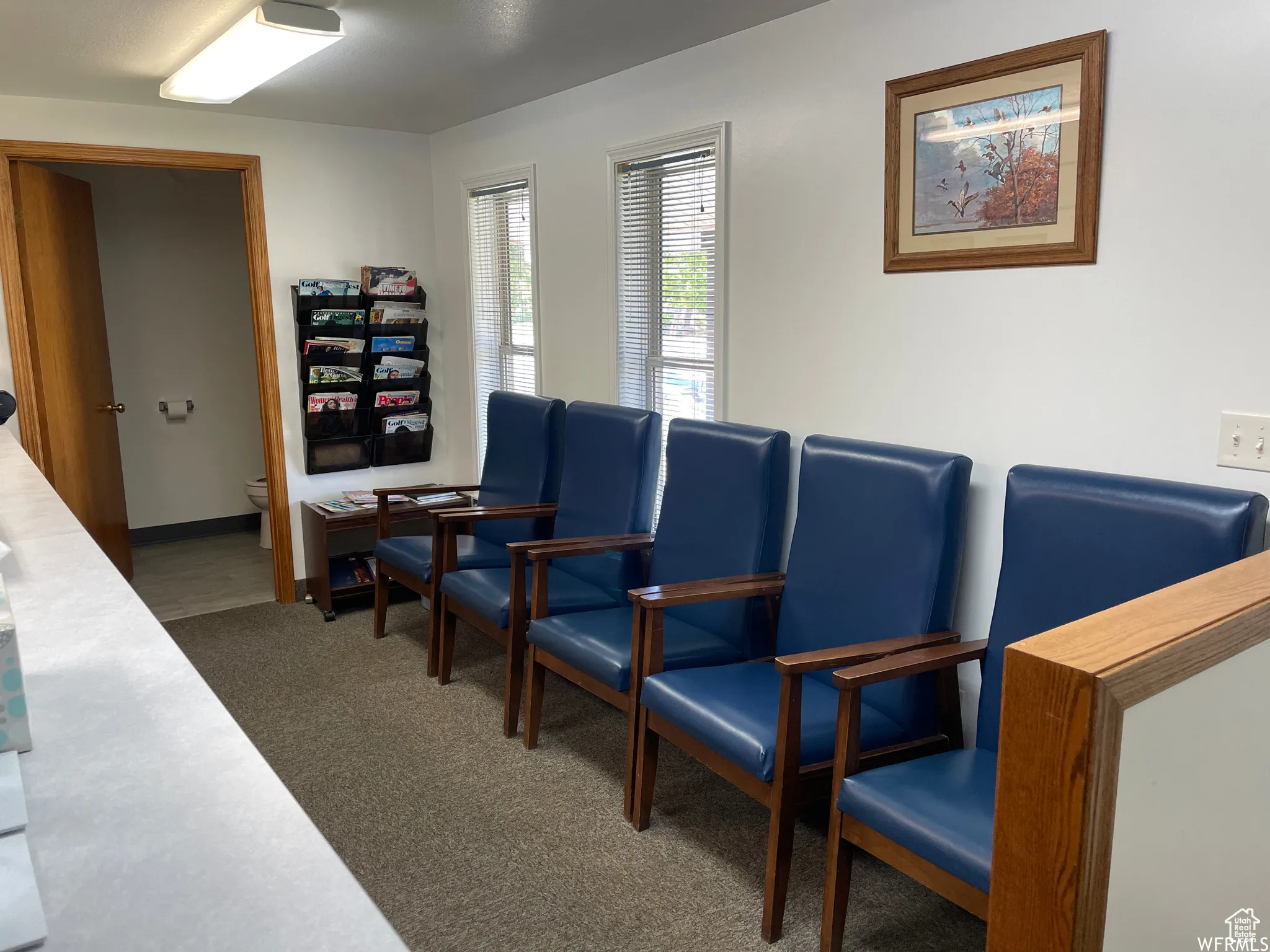 Home theater room with baseboards and carpet