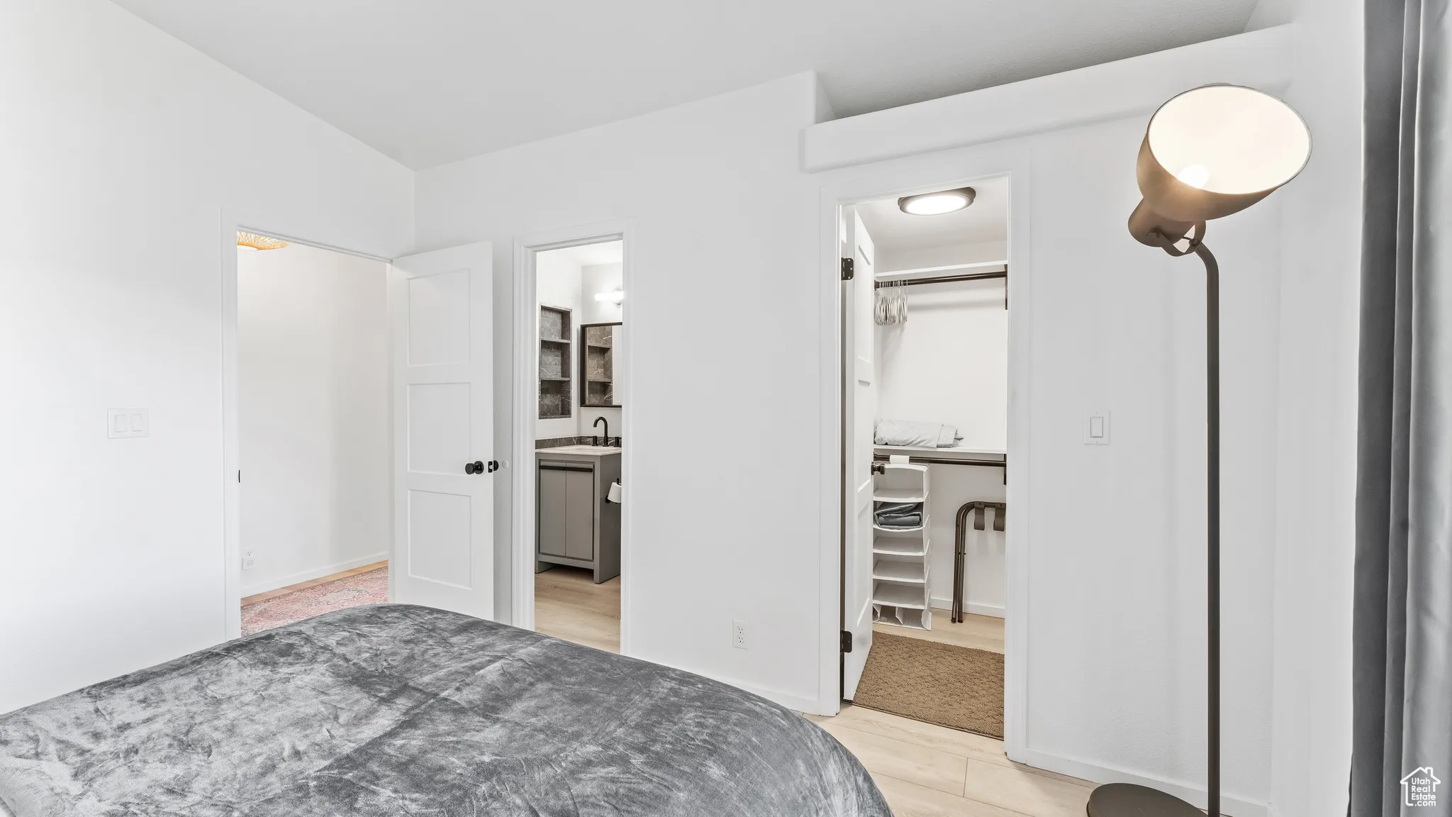 Bedroom featuring ensuite bath, a sink, a spacious closet, a closet, and light wood-type flooring