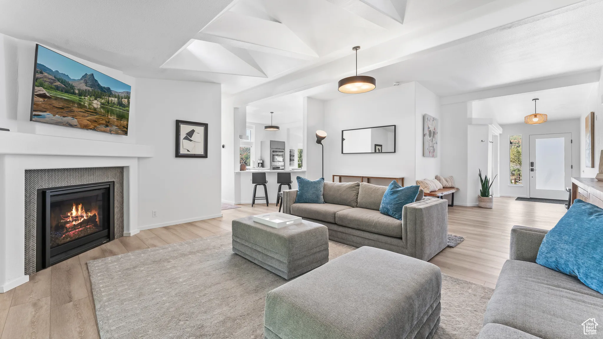 Living area with baseboards, wood finished floors, and a glass covered fireplace