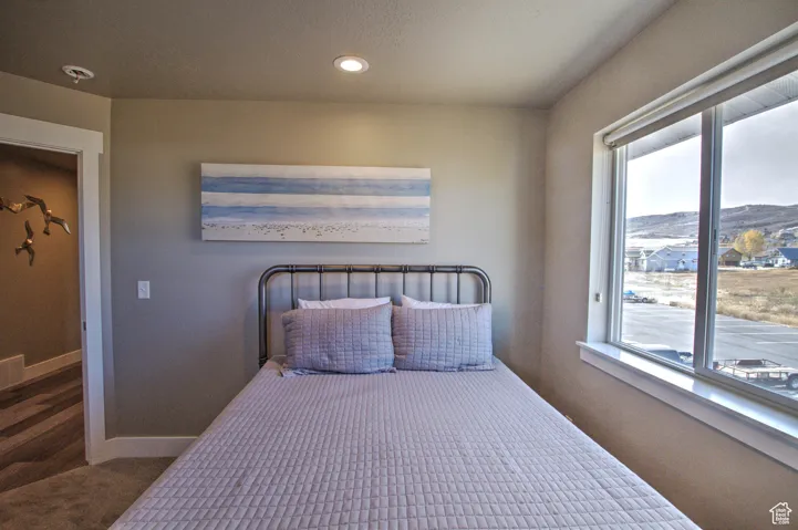 Carpeted bedroom featuring recessed lighting, multiple windows, a mountain view, and baseboards